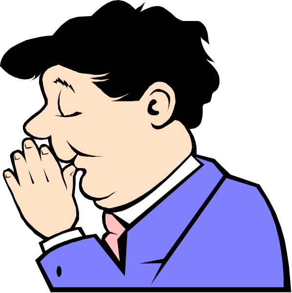 The cartoon shows two panels of a man dressed as an executive with his hands clasped together over his chest; he is depicted in both states: one panel where he appears to be laughing heartily while looking upwards, and another showing him holding his nose with apparent discomfort or disgust, also looking upward.