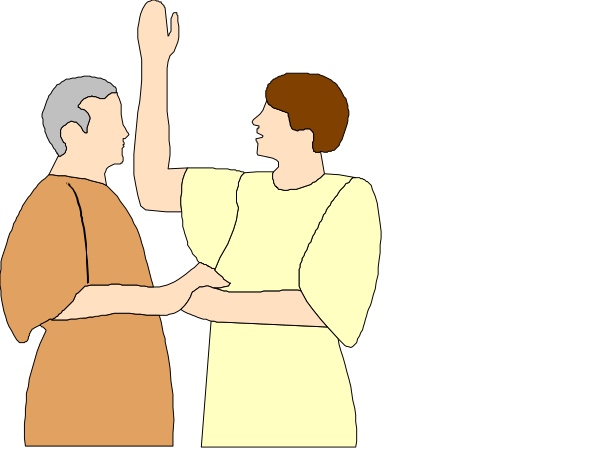 The image shows a black and white cartoon of three individuals: two adults standing side by side with their arms around each other's shoulders in what appears to be an embrace; one adult is waving at another who seems surprised, indicated by raised eyebrows and hands on hips.
