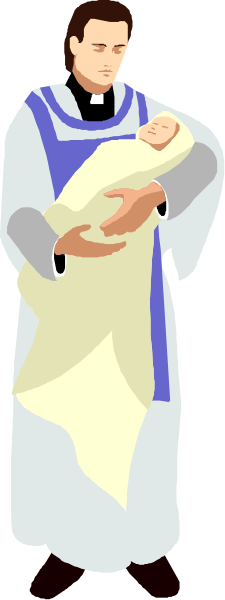 The image shows a priest holding an infant while standing outdoors during daylight hours; he is wearing religious attire with blue vestments over white robes.