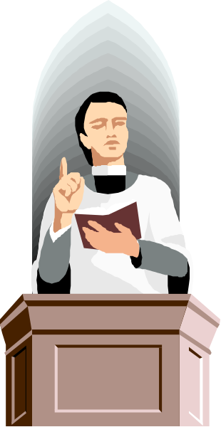 The illustration shows a man standing at a pulpit with his hands raised to make an announcement; he is wearing religious attire including what appears to be clerical robes and holding a book in one hand, while gesturing towards it with the other.