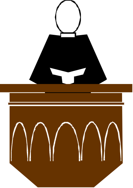 The image shows a black and white illustration of an individual standing at a podium with their hands clasped together as if in prayer or speaking to someone else.