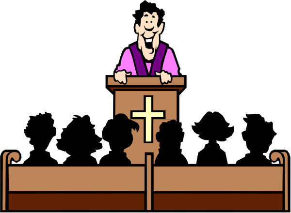 The image shows a cartoon of an animated priest standing at a pulpit with his hands clasped together as if he is speaking to congregants in front of him who appear to be pews on either side, suggesting this scene takes place inside a church during religious services or ceremonies.