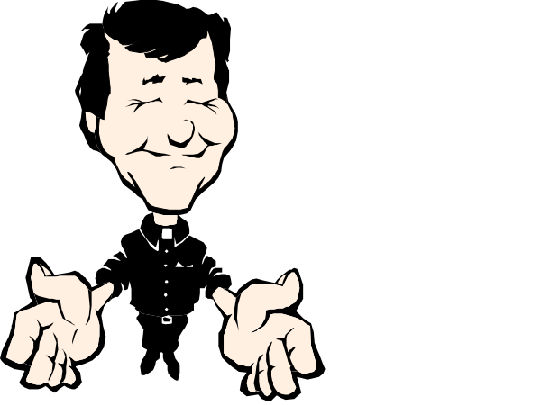The black and white photo shows two priests with their hands up to a person's face as if making an obscene gesture; one priest is on each side of the frame.