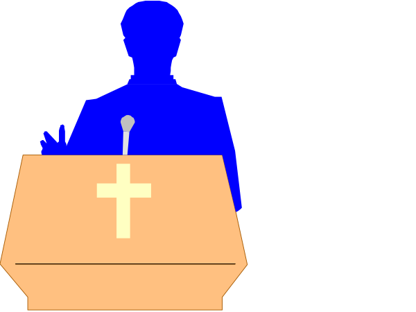 The image shows a black silhouette of two figures standing at podiums with microphones against an orange background; there is no text present in this clip-art illustration.