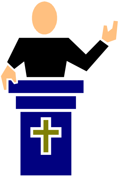 The image shows a cartoon of an animated character standing at a podium with their hands raised as if speaking to someone in front of them. Behind this figure is another smaller one that appears to be sitting on top of what looks like a blue cross, suggesting it might represent Jesus or the Christian faith given its symbolic nature and location behind the speaker's pulpit. The setting seems to depict an indoor space with walls painted grayish-blue, giving off a calm atmosphere suitable for religious gatherings.