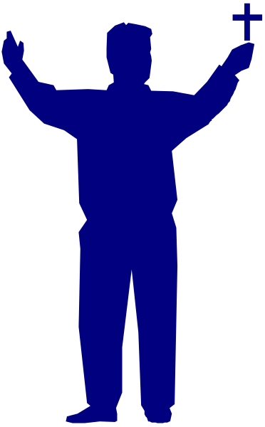 The image shows a black silhouette of an individual holding up their hands as if praying against a blue background with white stripes on either side.