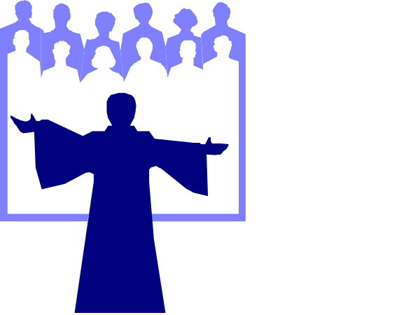 The image shows two black and white illustrations side by side: on the left is a group of silhouetted figures gathered in front of an open book; on the right stands one figure with arms outstretched, resembling Jesus Christ against a backdrop that includes more people and another open book.