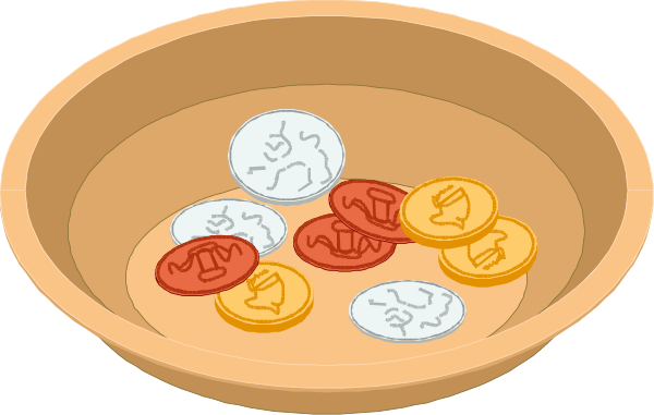 The image shows a bowl with coins on top of it next to another empty bowl that has two stacks of money inside; there is no text present in this clip-art illustration.