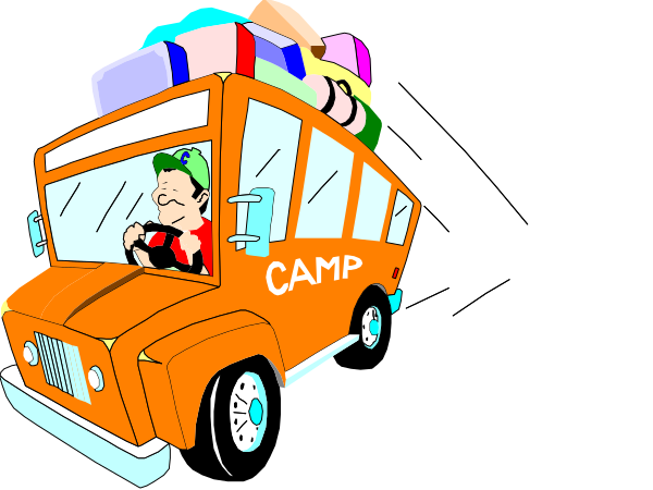 The image shows two cartoon buses with a person inside each; both have luggage on top of them indicating travel, one is labeled "CAMP" while the other has no visible text.