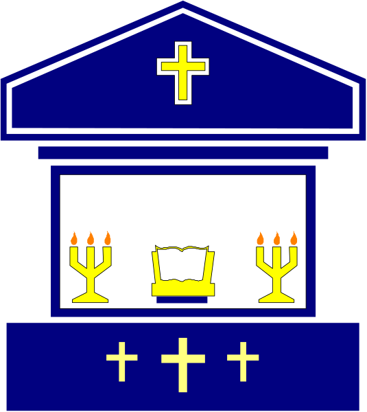 The image shows a stylized depiction of an open church door with religious symbols inside: two candles on either side atop altars; a cross above them in front of what appears to be a pulpit, and below it is a pew or chair for worshippers.