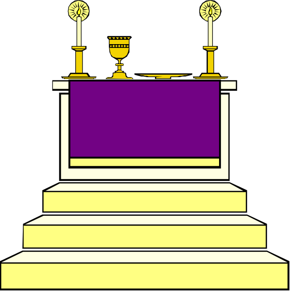 The image shows a stylized representation of an altar with two candles on either side atop it, set against a dark background that contrasts with its lighter coloring.