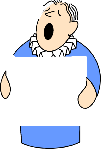 The cartoon shows a man with his mouth open as if shouting while holding up an empty piece of paper to read from it; he is wearing glasses and has white hair.