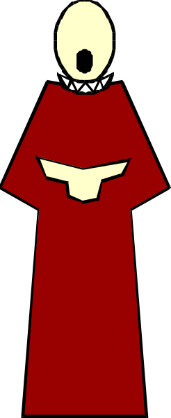 The image shows a cartoon of an animated character dressed as a priest standing against a gray background with his hands clasped together in front of him.