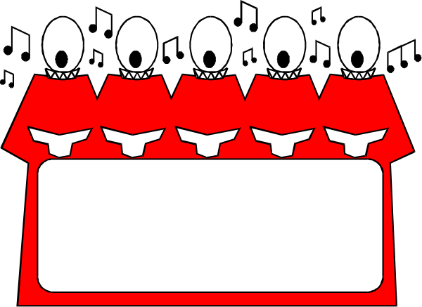 The image shows a group of cartoonish red figures with white faces standing behind an empty podium on what appears to be a stage set against a black background.