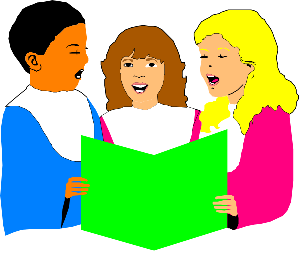 The image shows a group of four animated characters who appear to be singing together while holding an open book with music notes on it; one character is standing in front reading from the book, another two stand behind her also engaged in song and looking at each other, and there's a fourth figure seated next to them. They are all wearing colorful outfits that suggest they might be choir members or performers of some sort. The background is plain white with no additional details visible beyond the characters themselves.