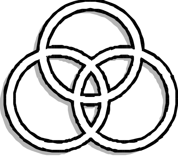 The image shows a black and white logo with six interconnected rings forming an emblem that resembles a target-like design within two larger circles on either side of it; there is no text present in this clipart.