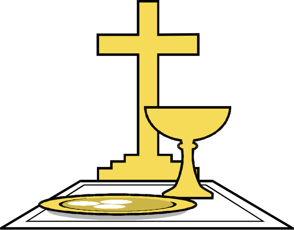 The image shows a simple black and white illustration of religious symbols: an altar with two candles on either side; above it is a cross atop what appears to be a church steeple silhouette, suggesting this might represent a chapel setting or perhaps a Christian place for worship.
