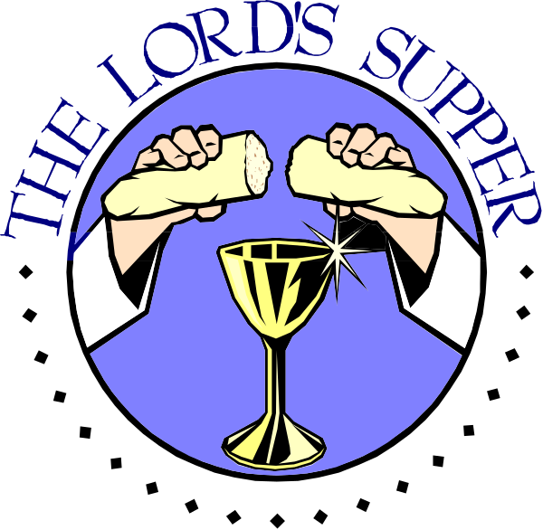 The image shows a logo with text that reads "The Lord's Supper" at top of two hands holding up loaves of bread on either side of an illustration of a chalice filled with wine, all set against blue background.