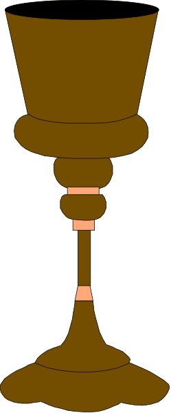 The image shows a tall wine glass with an elongated stem placed on top of another smaller cup that has been cut in half to create two cups stacked together; both items appear against a dark background.