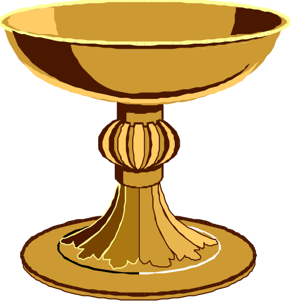 The image shows two illustrations of a golden chalice on display with different backgrounds: black for the left side and white for the right side.