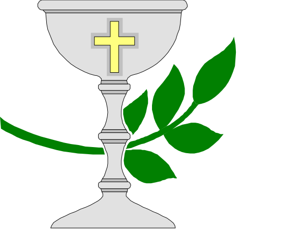 The image shows a white chalice with an olive branch on either side of it against a black background.