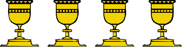 The image shows a row of golden trophies with black bases on display against a gray background.