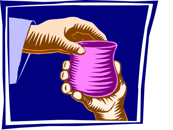 The image shows a hand holding an empty glass jar over another person's hands that hold two full jars of different sizes; there is no text present in this clip-art illustration.