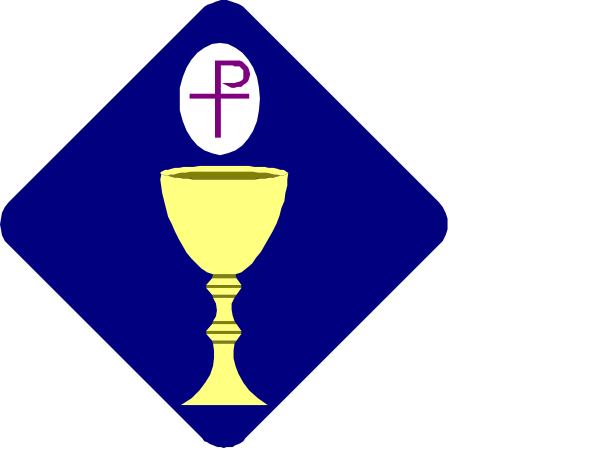 The image shows a blue square with two smaller squares inside it; each of these contains an icon: on top left is a church symbol (cross), bottom right has a chalice filled with wine next to bread, and in between them both there's another cross-like emblem that appears to be the Eucharist.