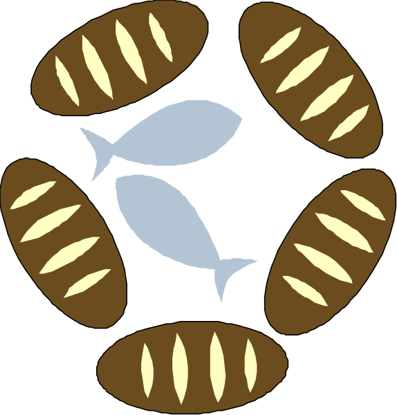 The image shows a black background with four slices of bread arranged around an illustration of two fish swimming together; there is no text present in this clip-art graphic.