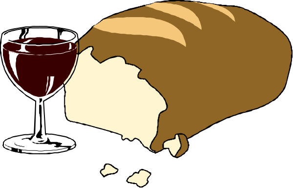 The image shows a loaf of bread with two slices missing on top left corner, placed next to an empty wine glass in front right corner against a white background; there is no text present within this small clip-art illustration.