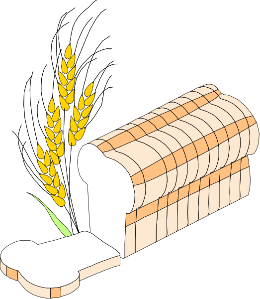 The illustration shows a loaf of bread with slices missing on top next to an ear of wheat.