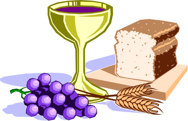 The illustration depicts a wine glass with purple liquid inside it next to two slices of bread on a plate, grapes in bunches, wheat stalks, loaf of bread, and some other food items that resemble pastries placed near each other against a white background.