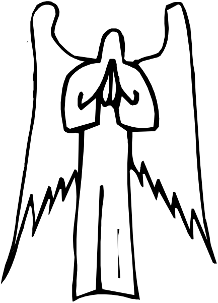 The black and white illustration shows an angel with wings standing on a mountain peak against a striped background.