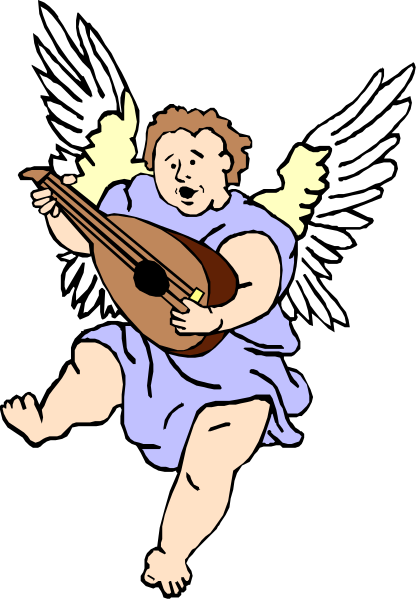 The image shows a cartoon of an angel playing guitar with wings spread out behind it.