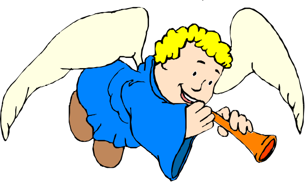The image shows an animated character with wings playing a trumpet while floating above ground on what appears to be angelic wings.