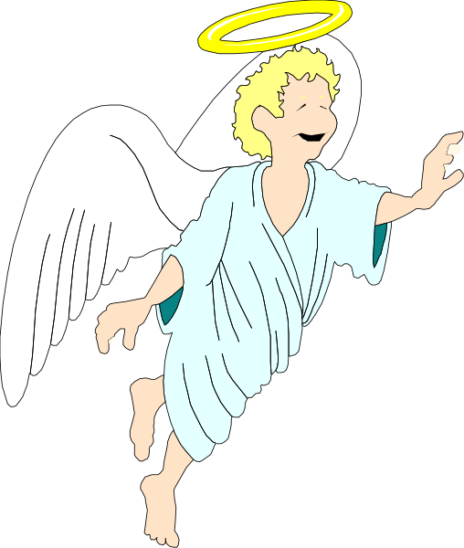 The image shows a cartoon of an angel with blonde hair flying through midair against a black background.