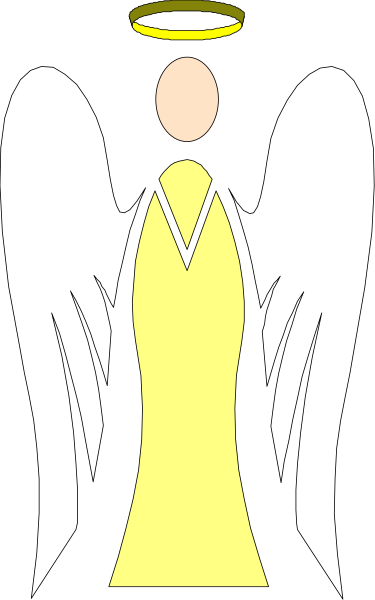 The image shows a black and white illustration of an angel with wings standing next to a cross on top of what appears to be a church steeple.