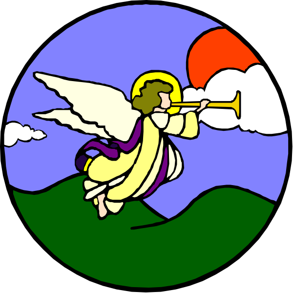 The image shows a cartoon of an angel playing trumpet with wings spread wide against a backdrop that includes clouds and sun rays.