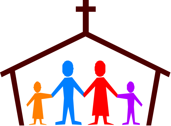 The image shows a colorful depiction of an indoor scene with silhouettes representing family members standing under what appears to be a cross-shaped structure in various shades of red, blue, green, yellow, and purple; there is no text present within this small clip art image.