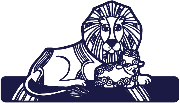The image shows a cartoon of an adult lion sitting next to its cub with both lions looking towards something off-frame while holding what appears to be fish in their paws.