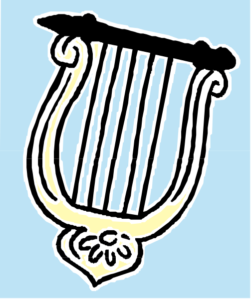 The black and white illustration shows a harp with an intricate design on its body against a blue background.
