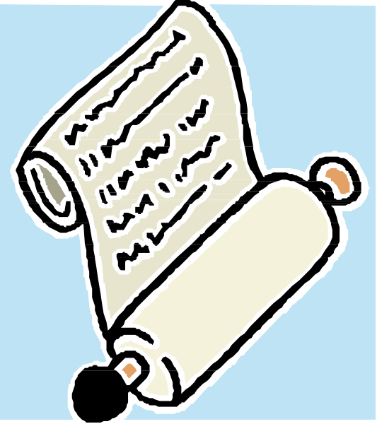The image shows a roll of paper with writing on it next to an open scroll that is blank inside.