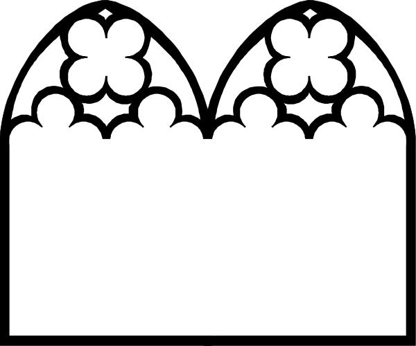 The black and white silhouette of a stained glass window with three sections against an indistinct background.