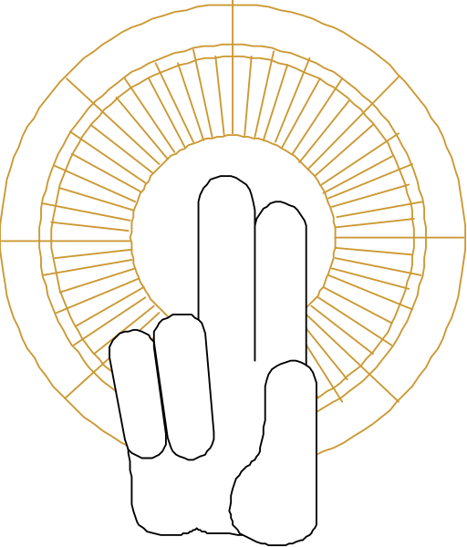 The image shows a stylized graphic with an emblem that includes what appears to be a compass rose at its center surrounded by rays of light; above it is a hand pointing upwards towards the symbol, and below this central design there's another smaller circular pattern containing additional lines radiating outward.