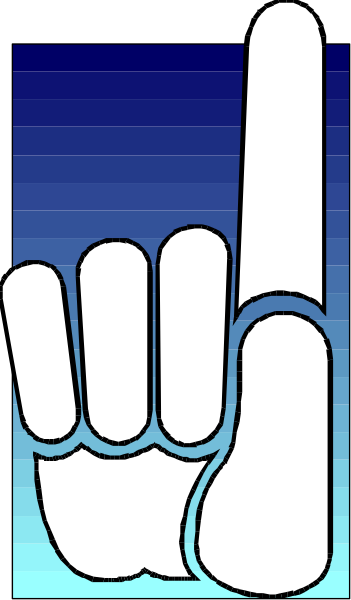 The image shows a pixelated graphic of an oversized hand with its index finger extended upwards against a blue background.