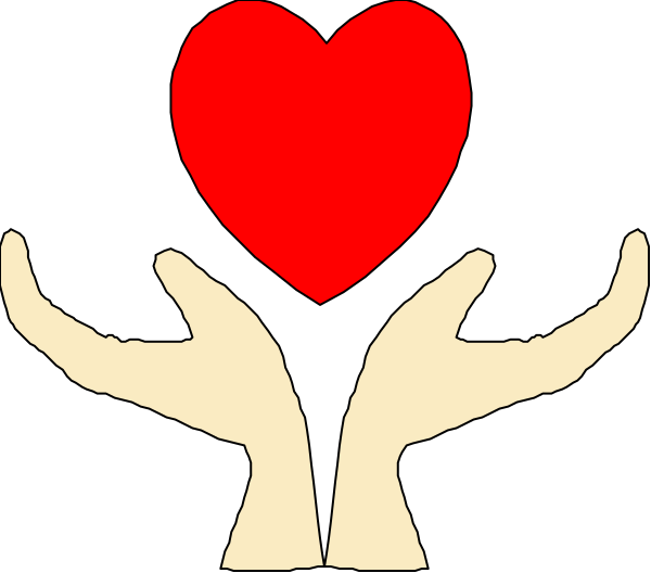 The image shows a black silhouette of two hands forming an open heart shape with red outline against white background at bottom center; above this is another hand holding up three fingers in peace sign gesture over it.