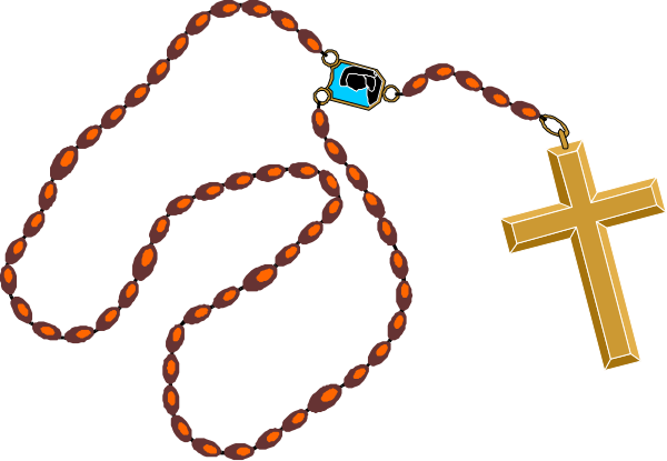 The image shows a rosary with red beads on top of two religious symbols: an anchor cross to its left and another crucifix-like symbol to its right.