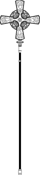 The image shows a cross with two vertical lines on either side of it against a gray background.