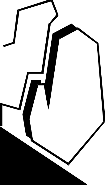 The image shows a black and white pixelated representation of an object that resembles a stylized human figure with two arms extended outward in front of it against a dark background.