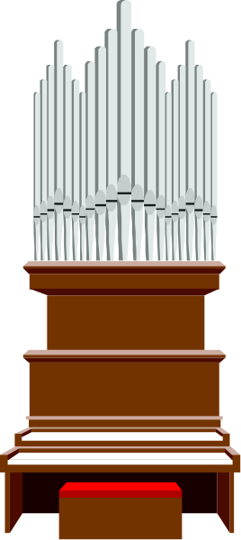 The image shows a pipe organ with multiple pipes on top of it inside an old church building.